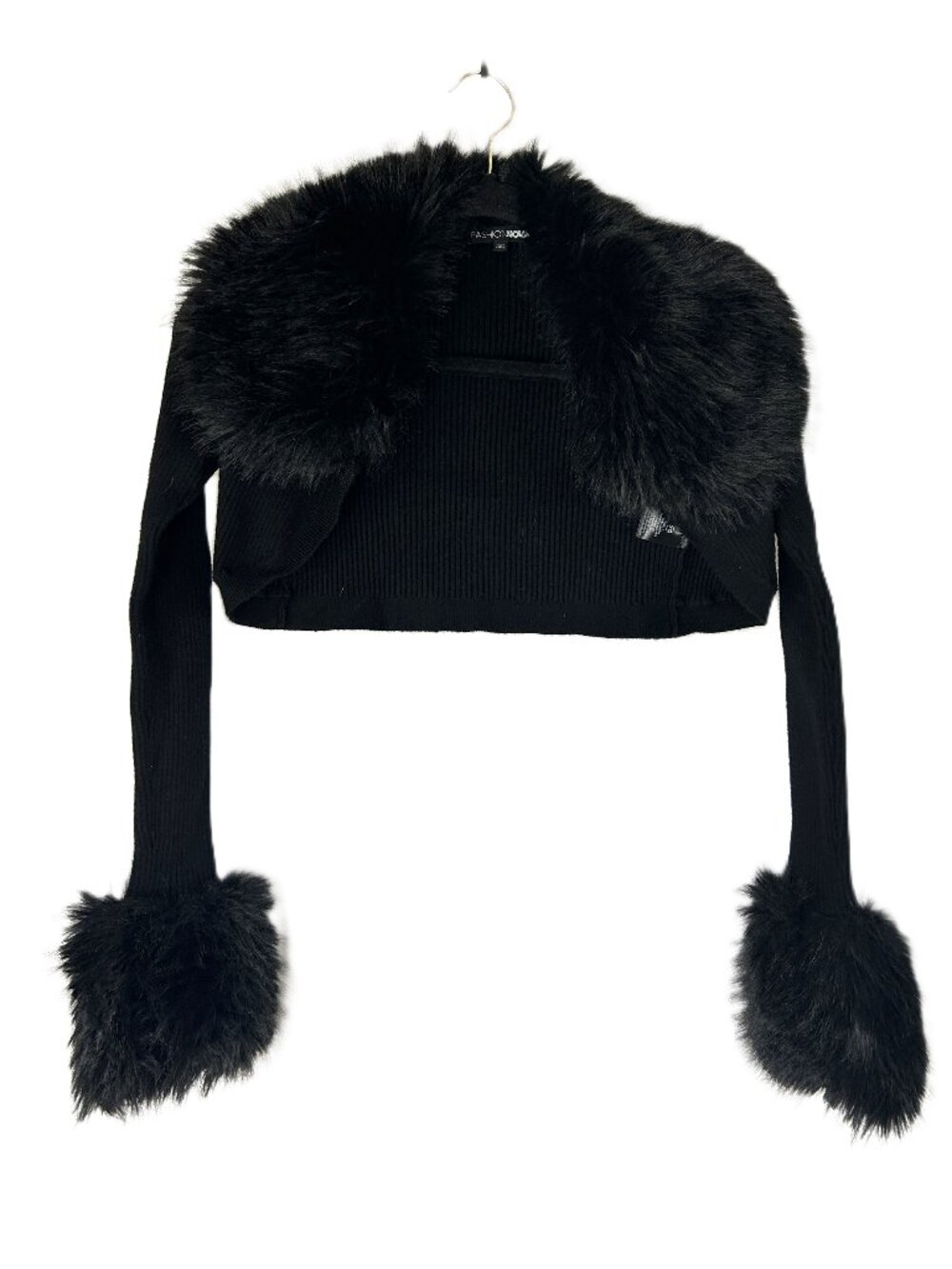 Fashion Nova Faux Fur Collar Cuff Crop Sweater XS Black